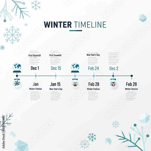 Winter season timeline illustration with snowflakes and frosty elements.