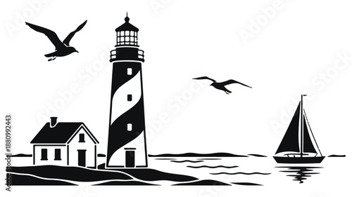 Lighthouse and House Silhouette with Seagulls and Sailboat on Water Keywords: lighthouse, house, seagull, sailboat, sea, ocean