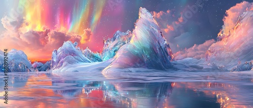 Ethereal Aurora over Dreamlike Icebergs in Tranquil Waterscape