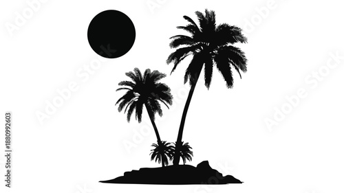 Tropical Island Palm Trees Silhouette with Sun on White Background Keywords: palm trees, tropical, island, silhouette, sun