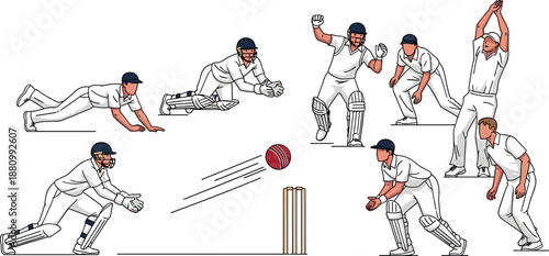 Cricket Fielding Action Vector Illustration Set Featuring Professional Players Diving Catching And Appealing In White Uniforms For Sports Coaching Strategy And Game Analysis Graphics