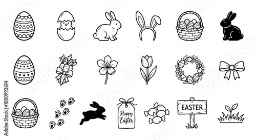 Collection of Easter-themed line art icons, including eggs and bunnies.
