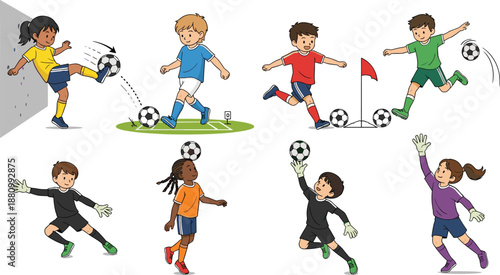 Youth Soccer Training Illustration Set Featuring Diverse Children Kicking Ball Taking Corner Kick Heading And Goalkeepers Making Saves For Kids Sports Coaching And Education