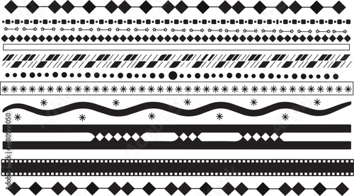 Seamless illustrator brush stroke vector set with geometric decorative borders and line elements collection.eps