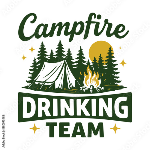 Campfire Drinking Team Camping Illustration with Tent and Fire