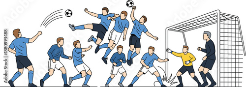 Soccer Players In Action During Corner Kick With Goalkeeper Defending Goal Post And Athletes Jumping To Head Ball Illustration Isolated On White For Sports Design