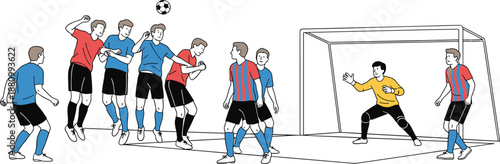 Soccer Players Forming Defensive Wall During Free Kick With Goalkeeper Ready In Goal Post And Attacking Team Heading Ball Illustration For Sports Training Materials