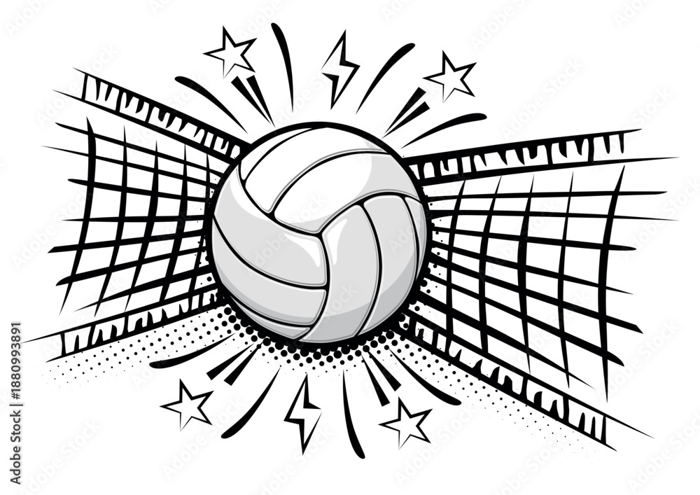 Fototapeta premium Volleyball ball hit the net. Comic half tone temlate. Vector on transparent background