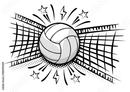 Volleyball ball hit the net. Comic half tone temlate. Vector on transparent background