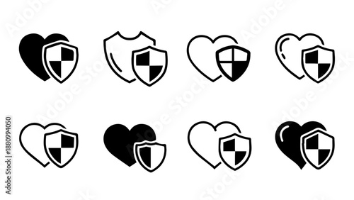 Collection of hearts with shield symbols isolated on white background, Vector