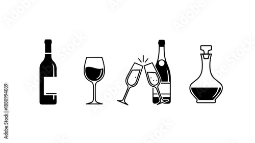 Assorted wine bottles and glasses isolated on white background, Vector