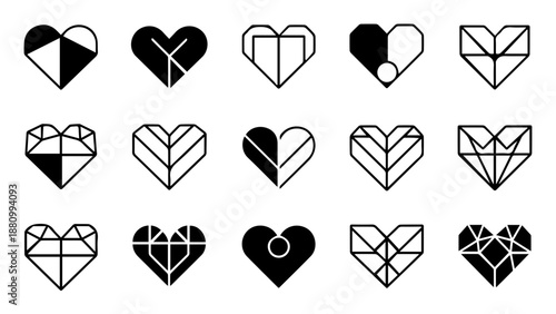 Collection of geometric heart shapes isolated on white background, Vector