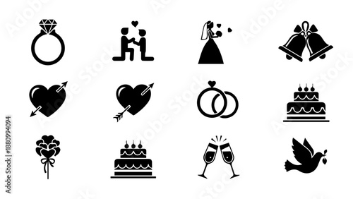 Iconic wedding symbols collection isolated on white background, Vector