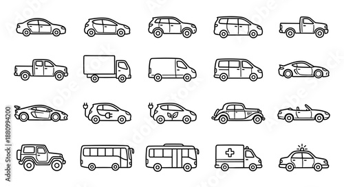 Collection of various vehicle outlines, showcasing different car and truck designs.