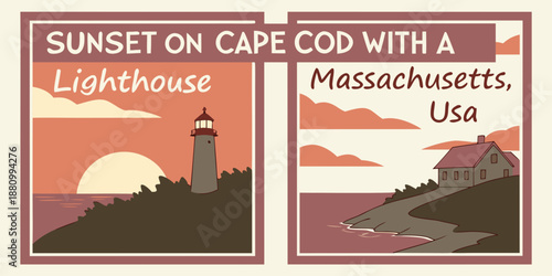 U.S, USA, US, United States - Sunset on Cape Cod Lighthouse Duo – Coastal Massachusetts USA Illustration, Modern Minimal Nautical Landscape Art Panels
