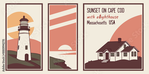 U.S, USA, US, United States - Sunset on Cape Cod Triptych – Coastal Lighthouse Cliff Art, Massachusetts USA Ocean Panels, Modern Minimal Nautical Landscape Illustration
