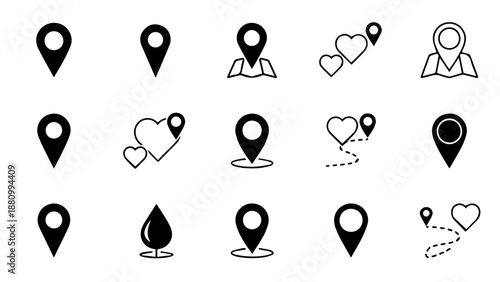 Collection of map pins and hearts isolated on white background, Vector