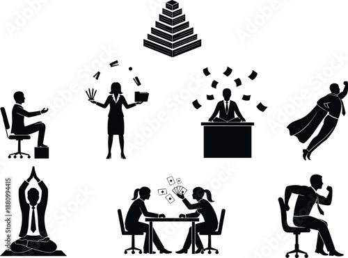 Business Professional Silhouettes Set Representing Multitasking Stress Management Success Leadership Mindfulness Work Life Balance Career Growth 