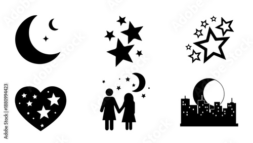 Celestial and romantic silhouettes isolated on white background, Vector