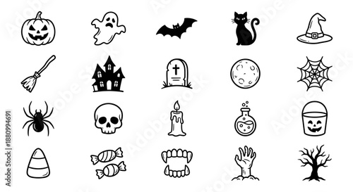 A collection of Halloween-themed icons, including a pumpkin, ghost, bat, cat, witch hat, broom, haunted house, tombstone, moon, and more.