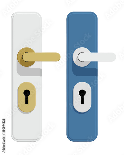 Two modern door handle designs with integrated keyholes on white and blue panels