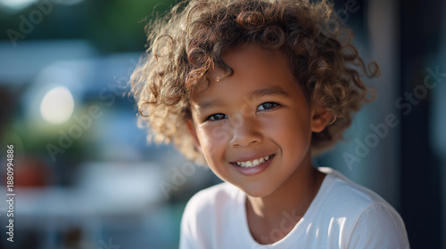 Handsome faceless mixed race child portrait smiling beautiful closeup ethnically diverse boy outside in sunlight youth happiness childhood joy outdoor portrait defocused