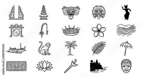 A collection of outlined Balinese cultural icons and symbols, black and white.
