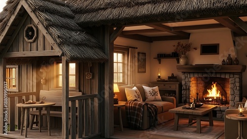 Cozy cottage living room with fireplace and rustic decor illustration