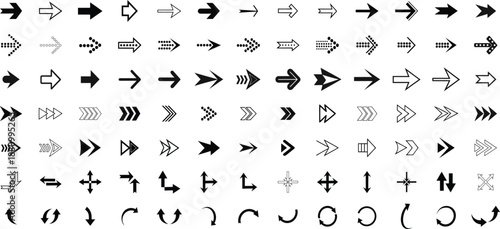 Collection of various black arrows and symbols on white background
