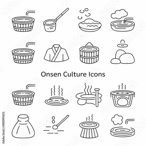 Onsen Culture Line Icons Set – Japanese Hot Spring, Spa and Bathing Outline Vector
