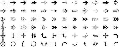 Collection of various black arrow symbols on white background