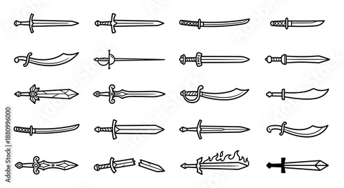 A collection of various sword designs, displayed in a grid pattern.