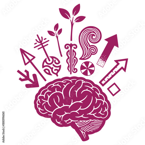 Abstract brain illustration with arrows and symbols representing growth and ideas