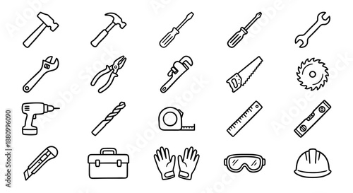 A collection of various hand tools, presented in a simple, outlined style.