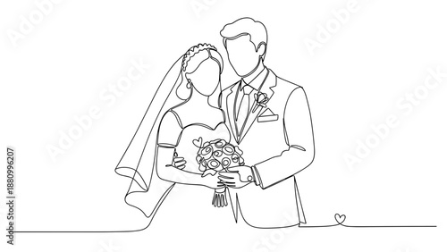 Bride and Groom Holding Bouquet Together.