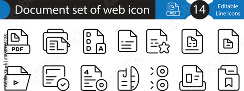 Document set of web icons including PDF files folders and editing tools vector illustration