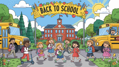 Children Walking to School with Buses.