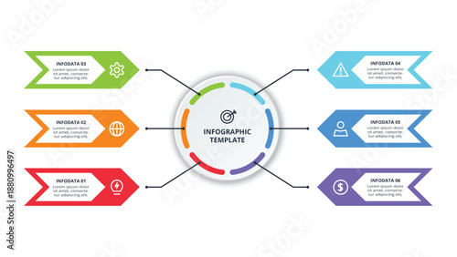 Abstract arrows of graph, diagram with 6 steps, options, parts or processes. Vector business template for presentation