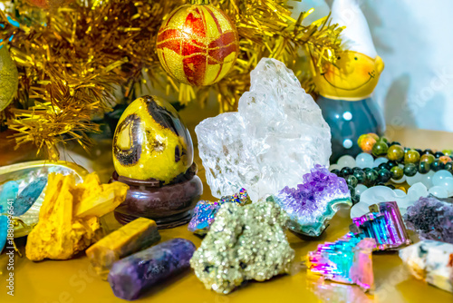 crystals, minerals, natural stones on a meditation table