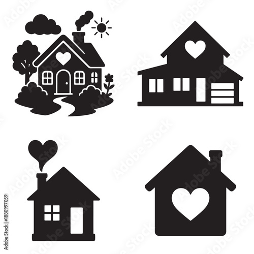 Charming silhouette houses with heart symbols, representing home and love.