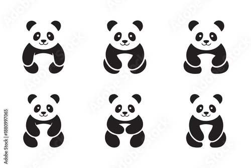 Minimalist panda cubs in sitting poses, clean animal cartoon characters, black and white vector icons set