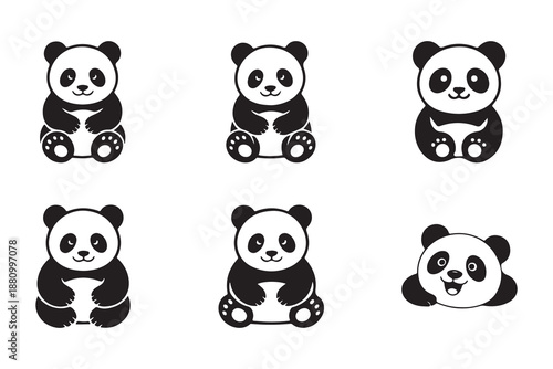 Cute panda character collection, various sitting poses, playful animal illustrations, black white vectors