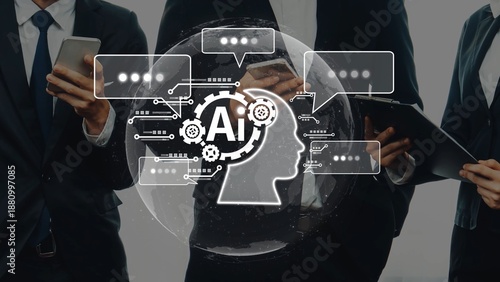 Slika na platnu Two business professionals interact with devices, featuring AI graphics