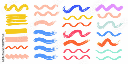 a collection of colorful wavy lines and brush strokes on a white background