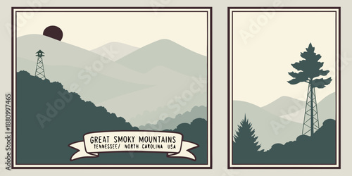 U.S, USA, US, United States - Great Smoky Mountains Lookout Tower Art • Tennessee North Carolina Scenic Landscape Poster • Minimalist Green Mountain Illustration Wall Decor
