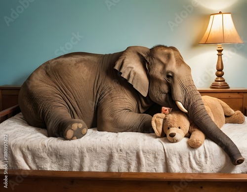 Surreal Giant Elephant Sleeping in a Small Bed with Teddy Bear