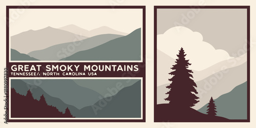 U.S, USA, US, United States - Great Smoky Mountains Vintage Landscape Art • Tennessee North Carolina Scenic Nature Poster • Minimalist Misty Mountain Illustration Wall Decor
