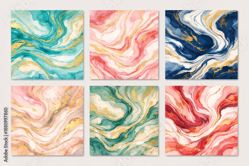 Watercolor Hand-Drawn Marbling Vector Set – Abstract Ebru Background for Invitations and Posters