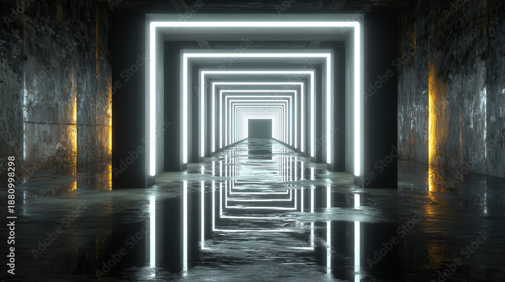 Fototapeta premium A futuristic tunnel with glowing white lights and reflective wet floor surfaces