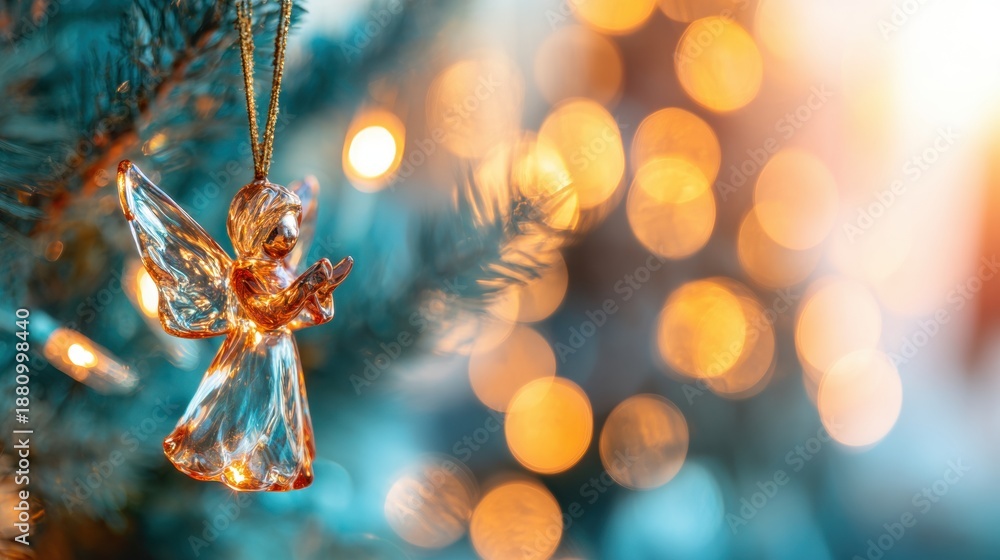 Fototapeta premium Glass angel ornament hanging on a Christmas tree with bright lights